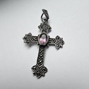 Vintage Marcasite and Amethyst Cross Pendant In .925 Sterling Silver
